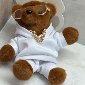 NWT Natasha Brown Teddy Bear w/ glasses, White Hoodie & chain bag charm/keyhain